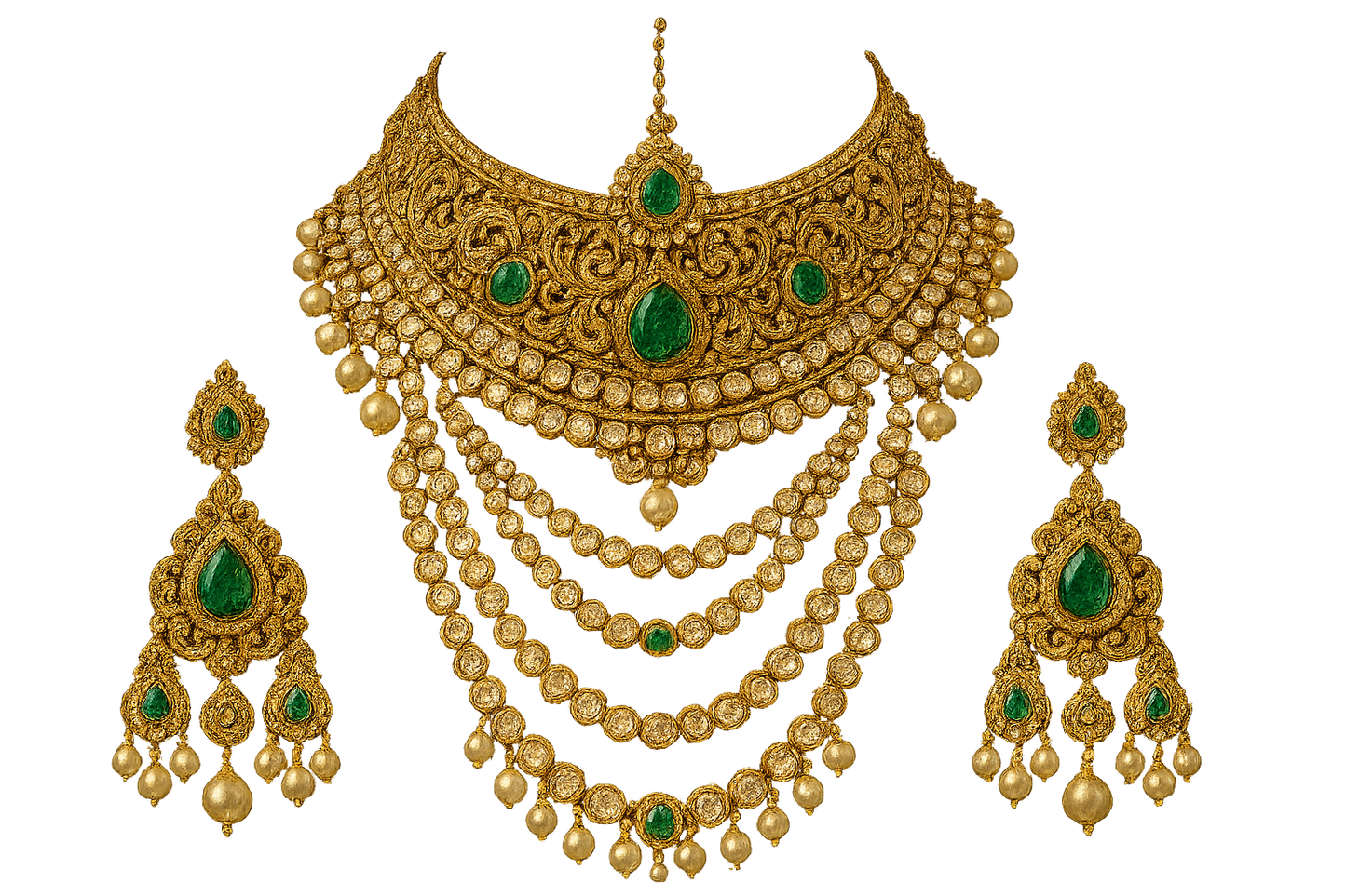 Royal bridal jewelry set with Kundan work including necklace, earrings and maang tikka. with emerald give the image in png format no background  