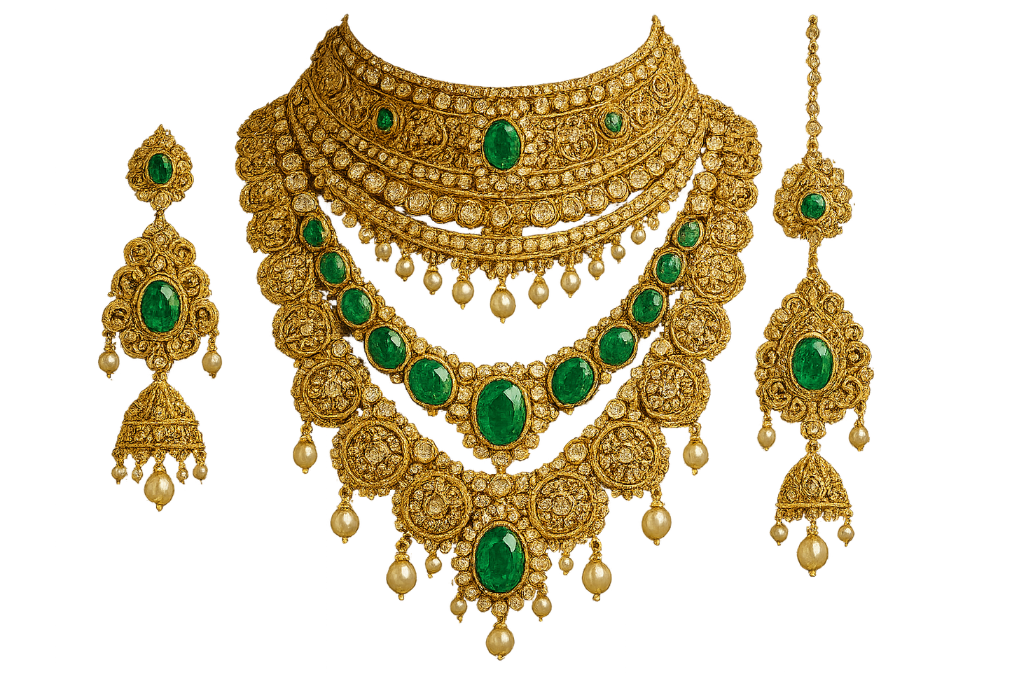 Royal bridal jewelry set with Kundan work including necklace, earrings and maang tikka. with  emerald give the image in png format no background 