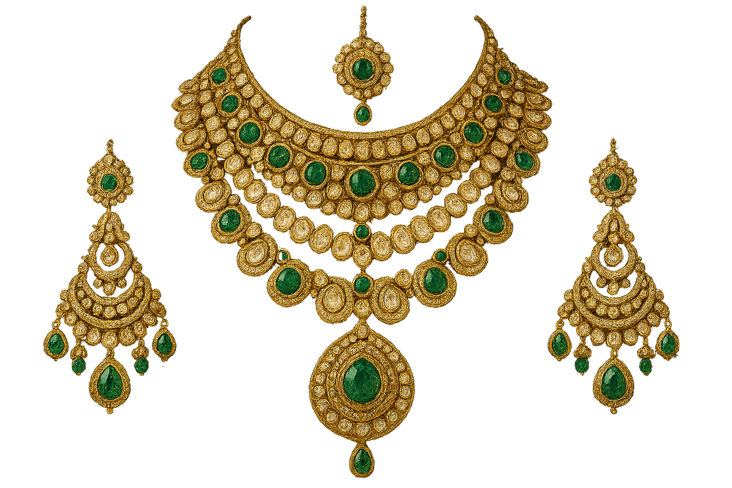 Royal bridal jewelry set with Kundan work including necklace, earrings and maang tikka. with emerald give the image png format no background