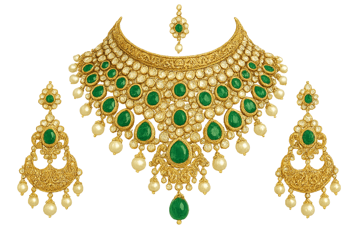 Royal bridal jewelry set with Kundan work including necklace, earrings and maang tikka. with emerald give the image png format no background