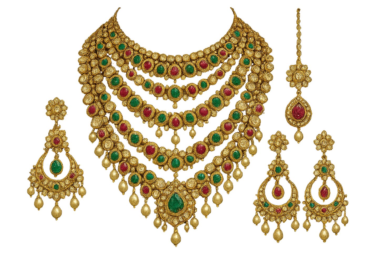 Royal bridal jewelry set with Kundan work including necklace, earrings and maang tikka. with none give the image in png format no background 