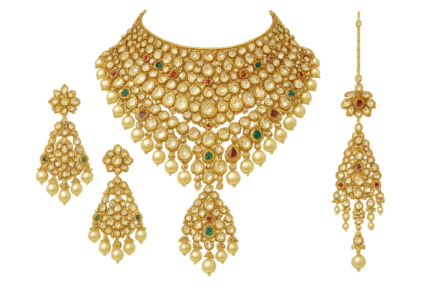 Royal bridal jewelry set with Kundan work including necklace, earrings and maang tikka. with none give the image in png format no background 