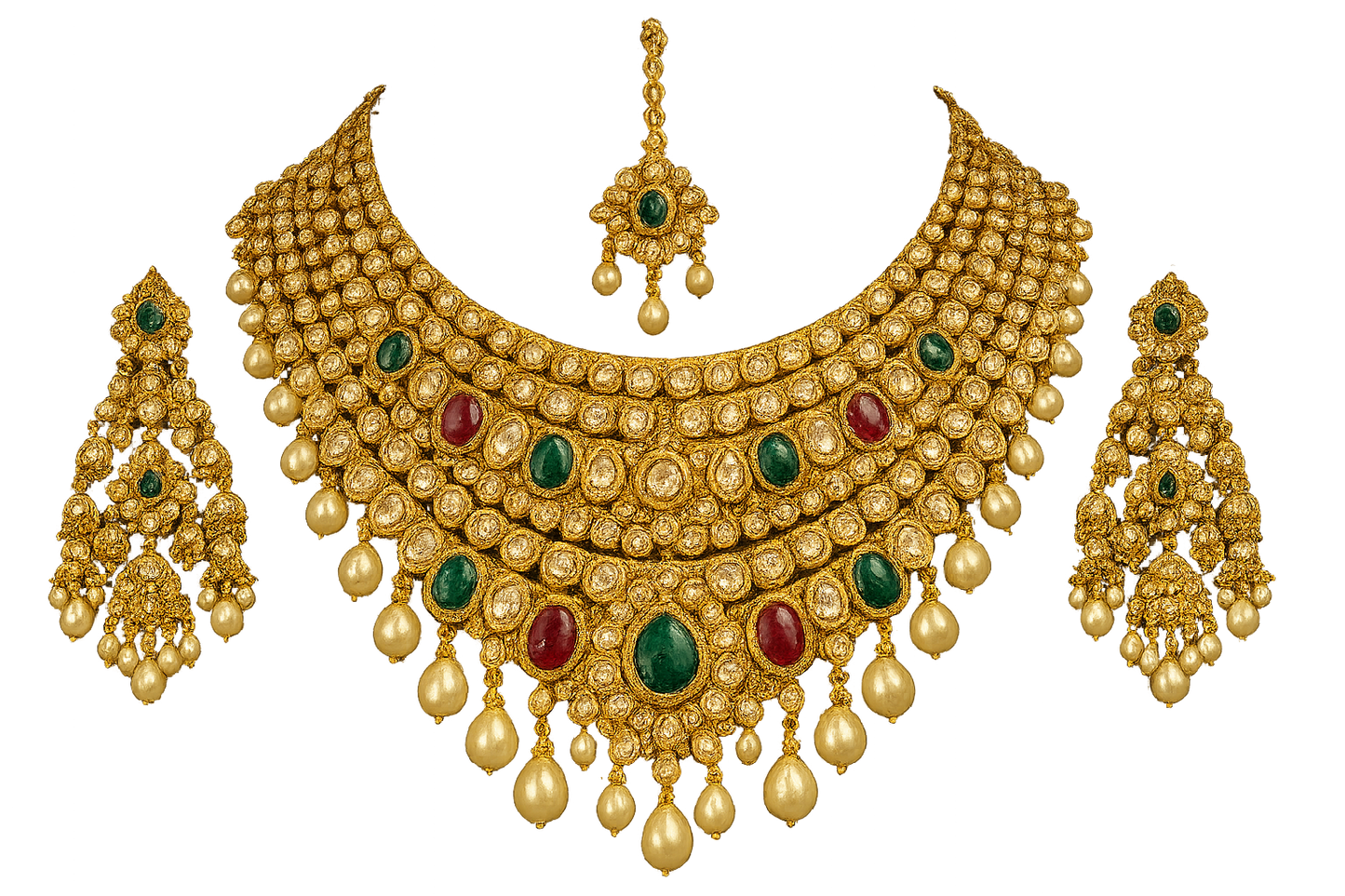 Royal bridal jewelry set with Kundan work including necklace, earrings and maang tikka. with none give the image in png format no background  