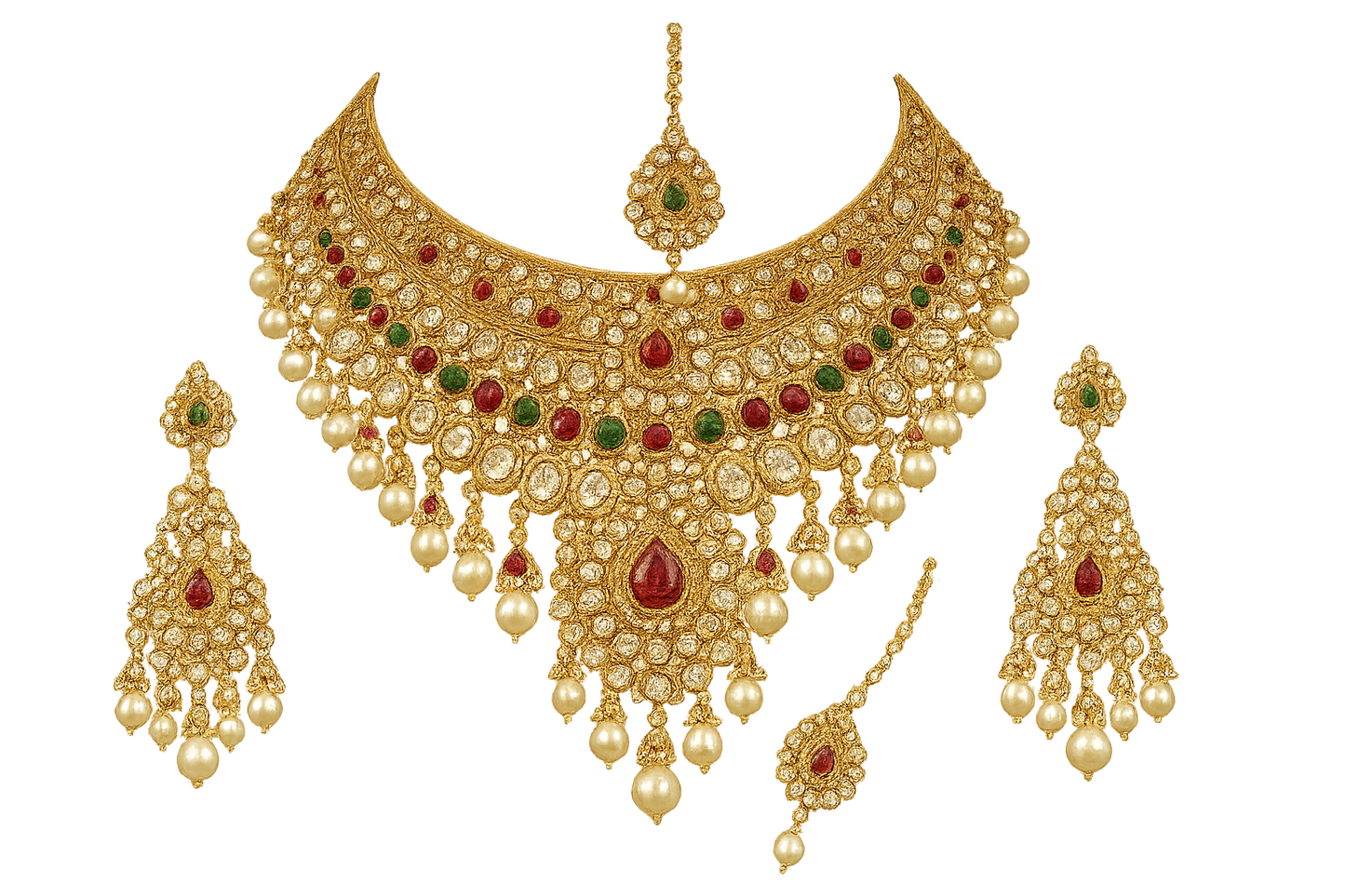 Royal bridal jewelry set with Kundan work including necklace, earrings and maang tikka. with none give the image in png format no background 