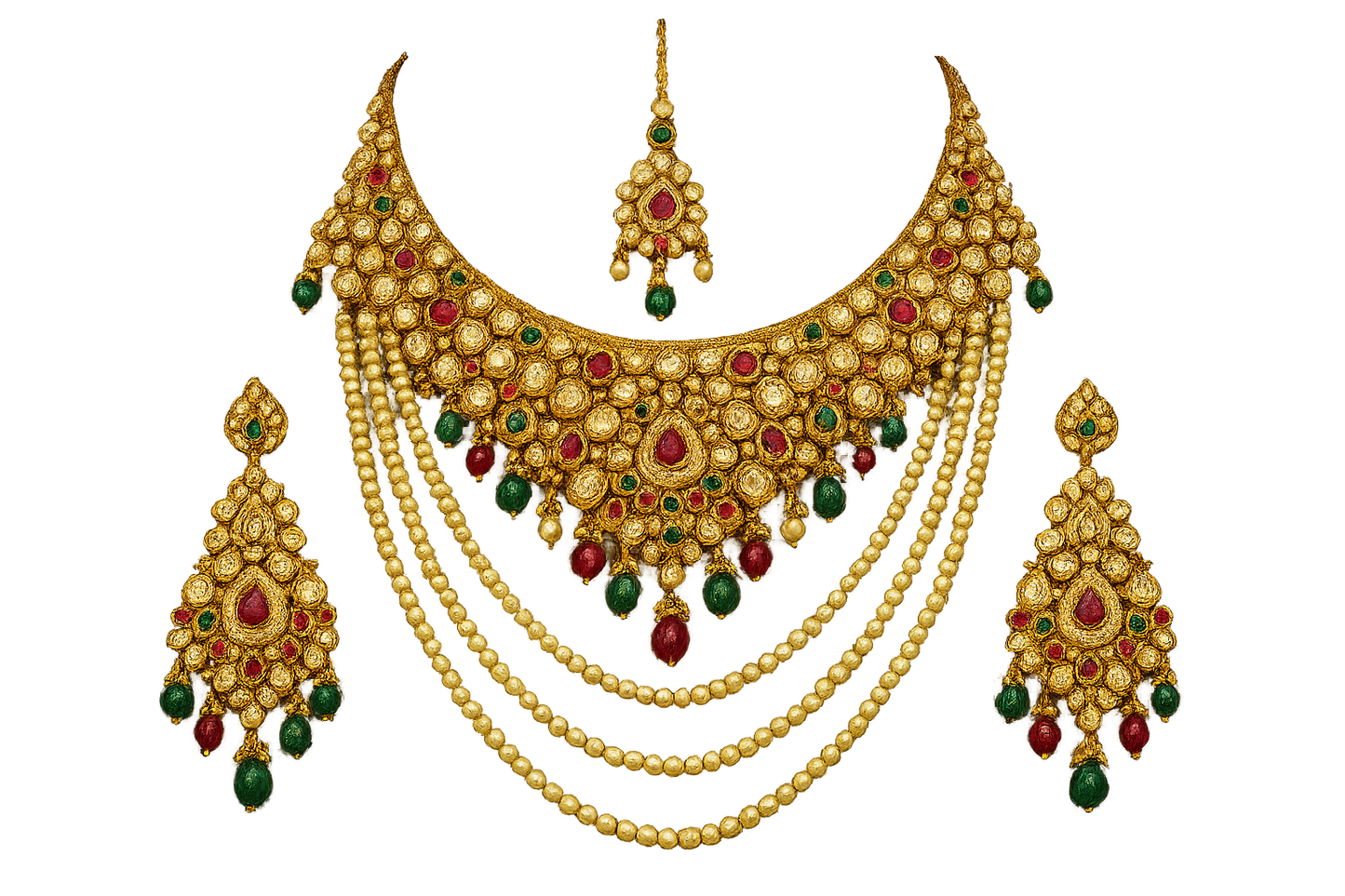 Royal bridal jewelry set with Kundan work including necklace, earrings and maang tikka. with none give the image png format no background 
