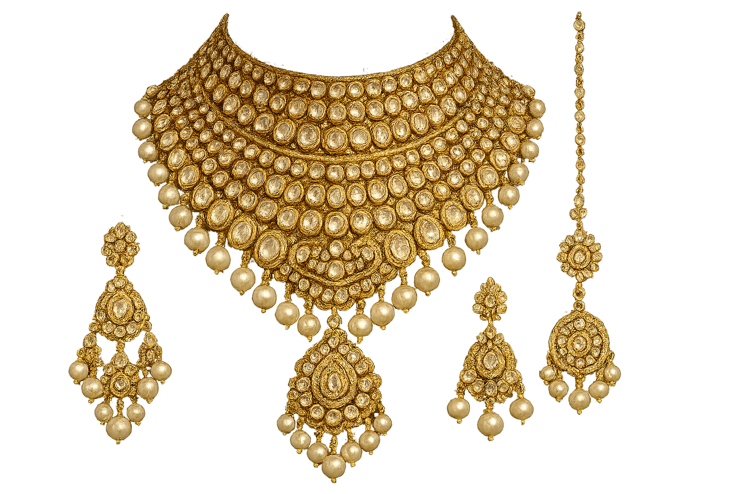 Royal bridal jewelry set with Kundan work including necklace, earrings and maang tikka. with pearl give the image in png format no background