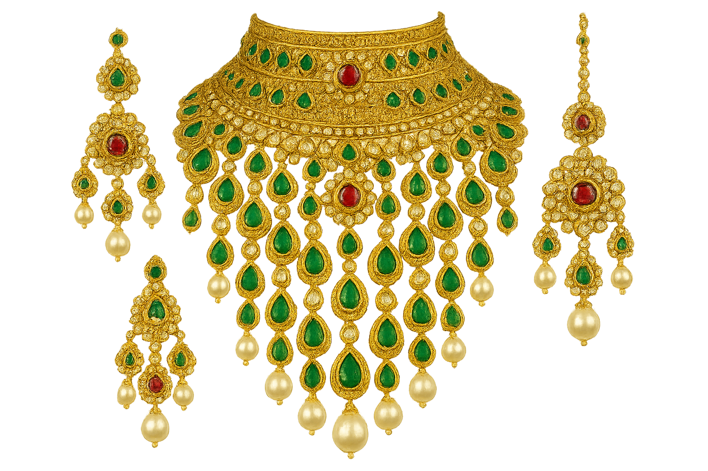 Royal bridal jewelry set with Kundan work including necklace, earrings and maang tikka. with pearl give the image in png format no background 