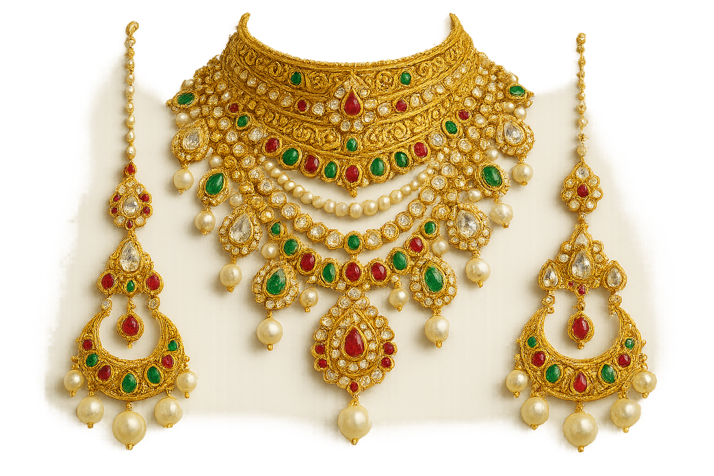 Royal bridal jewelry set with Kundan work including necklace, earrings and maang tikka. with pearl give the image in png format no background 
