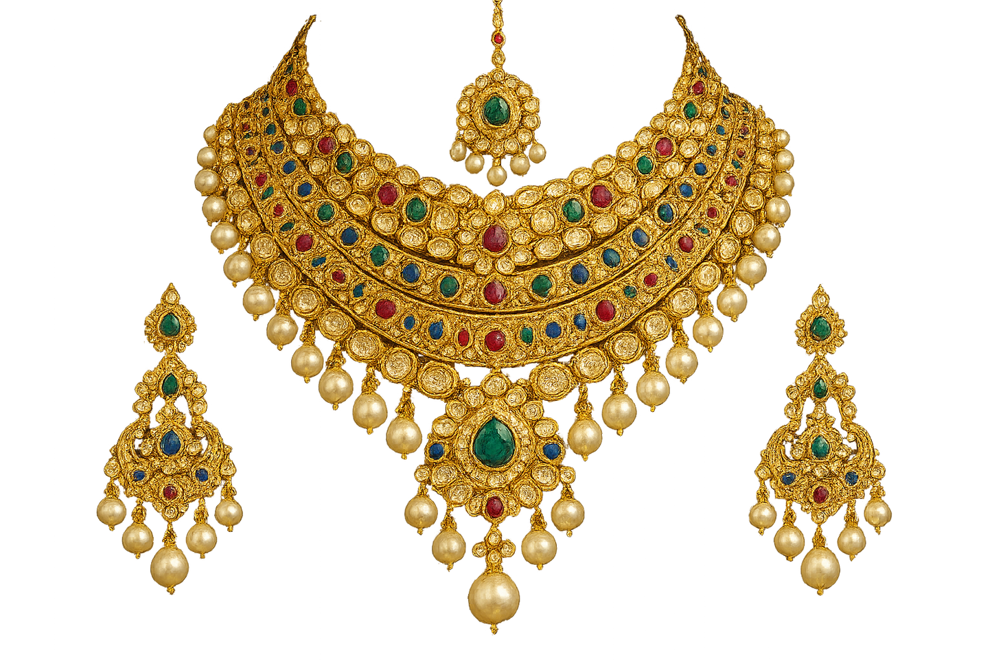 Royal bridal jewelry set with Kundan work including necklace, earrings and maang tikka. with pearl give the image in png format no background 