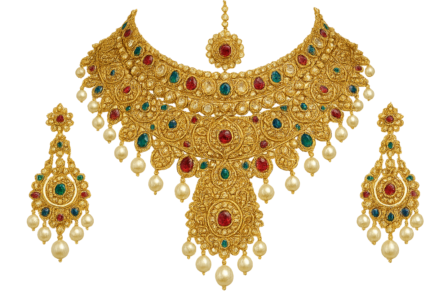 Royal bridal jewelry set with Kundan work including necklace, earrings and maang tikka. with pearl give the image in png format no background 