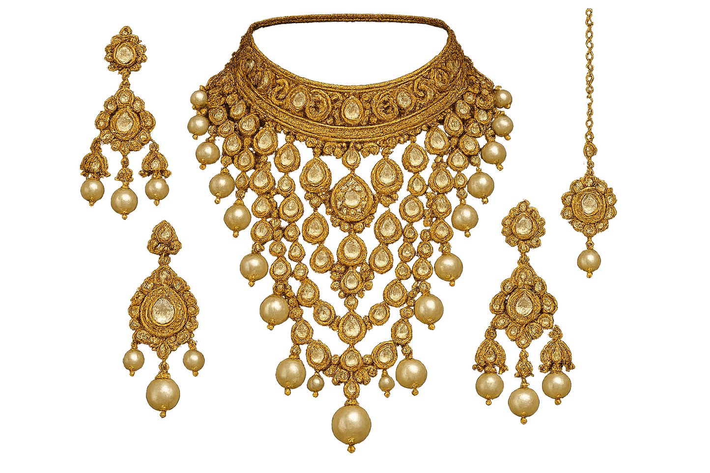 Royal bridal jewelry set with Kundan work including necklace, earrings and maang tikka. with pearl give the image png format no background 