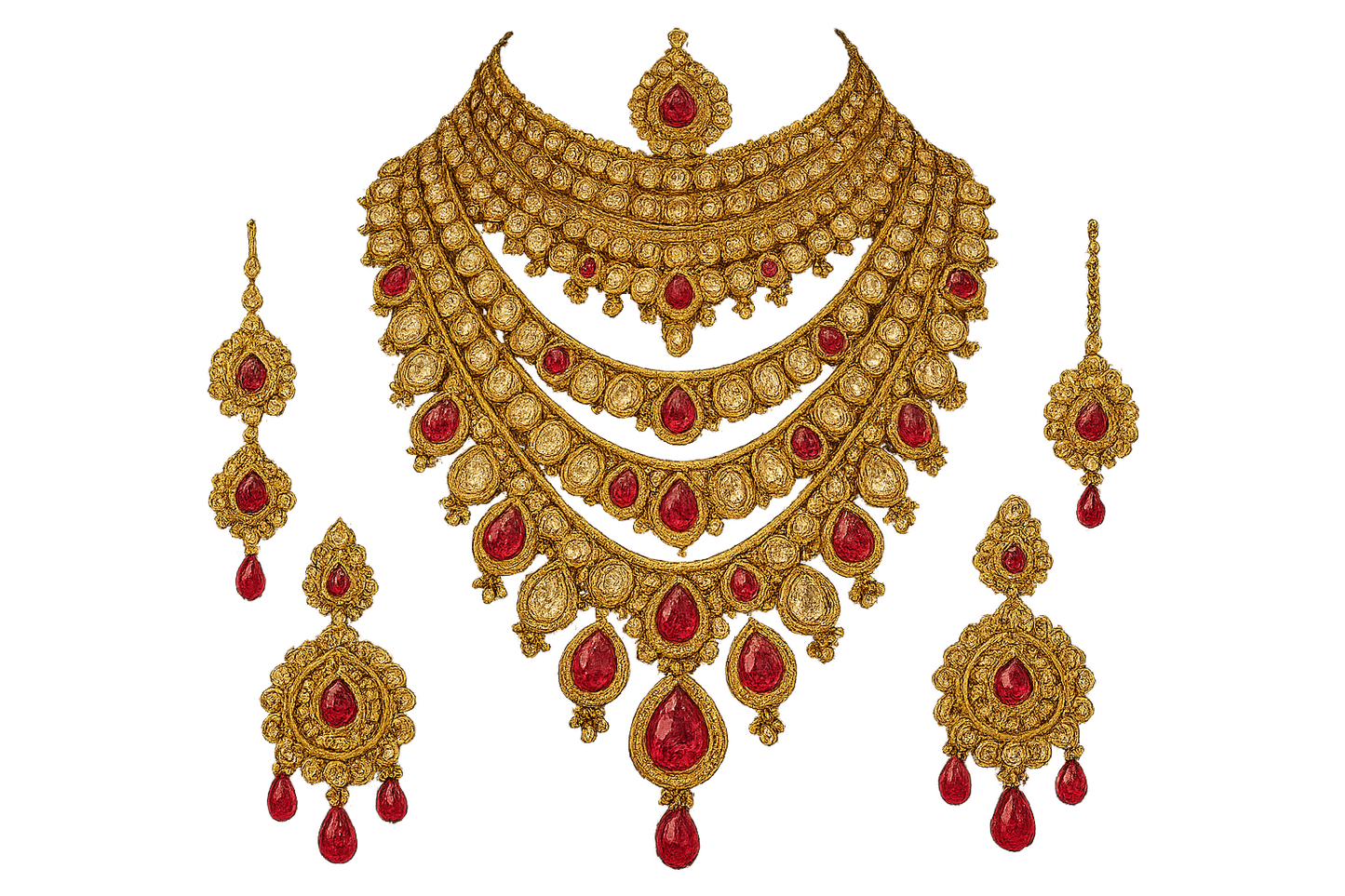 Royal bridal jewelry set with Kundan work including necklace, earrings and maang tikka. with ruby give the image in png format no background