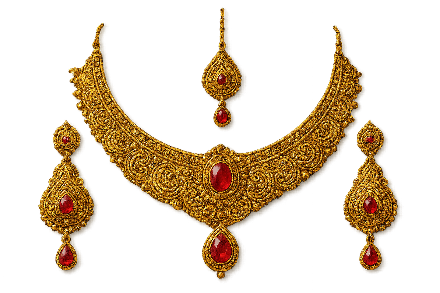 Royal bridal jewelry set with Kundan work including necklace, earrings and maang tikka. with ruby give the image in png format no background 