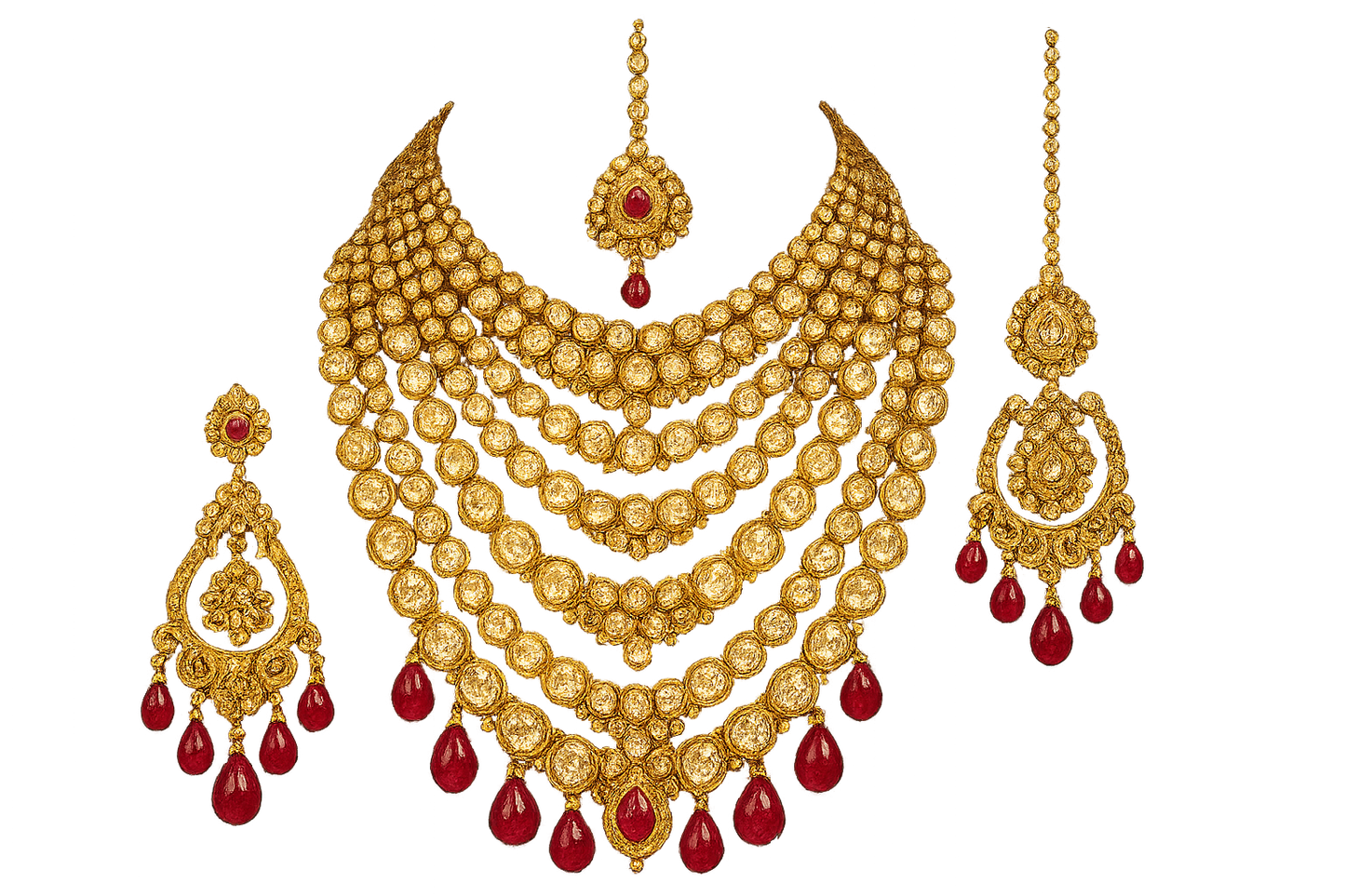 Royal bridal jewelry set with Kundan work including necklace, earrings and maang tikka. with ruby give the image in png format no background 