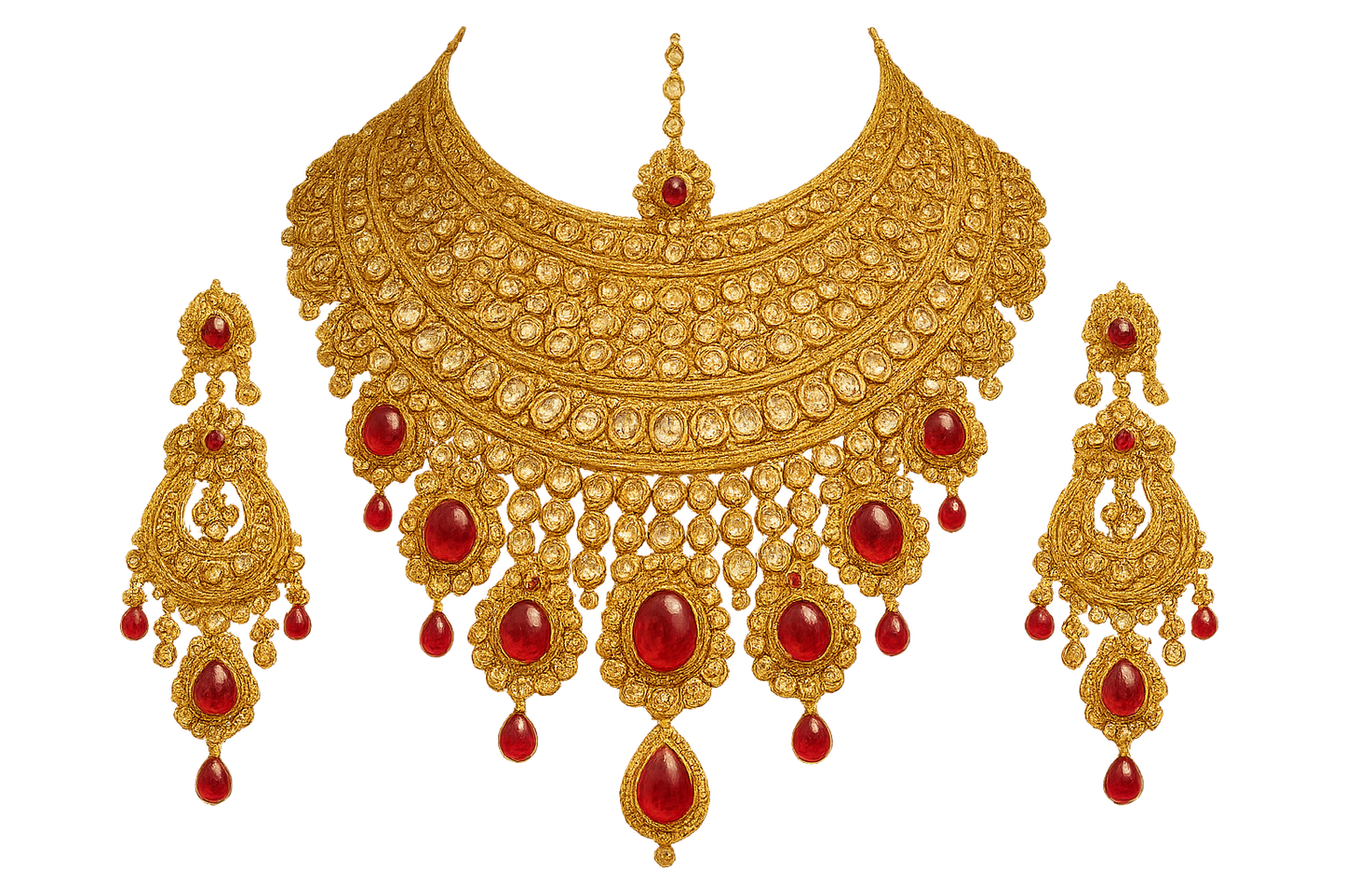 Royal bridal jewelry set with Kundan work including necklace, earrings and maang tikka. with ruby give the image in png format no background  