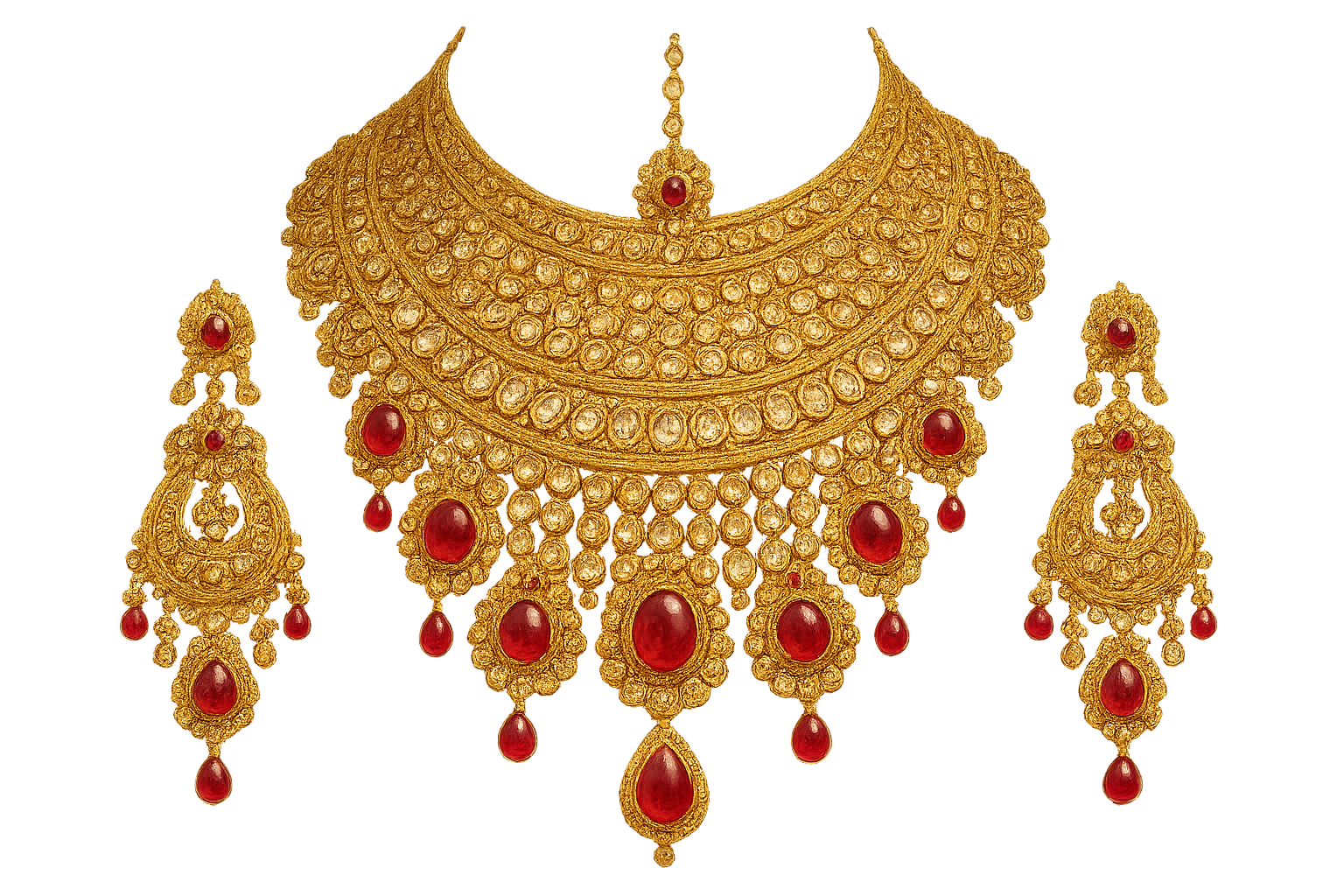 Royal bridal jewelry set with Kundan work including necklace, earrings and maang tikka. with ruby give the image in png format no background  