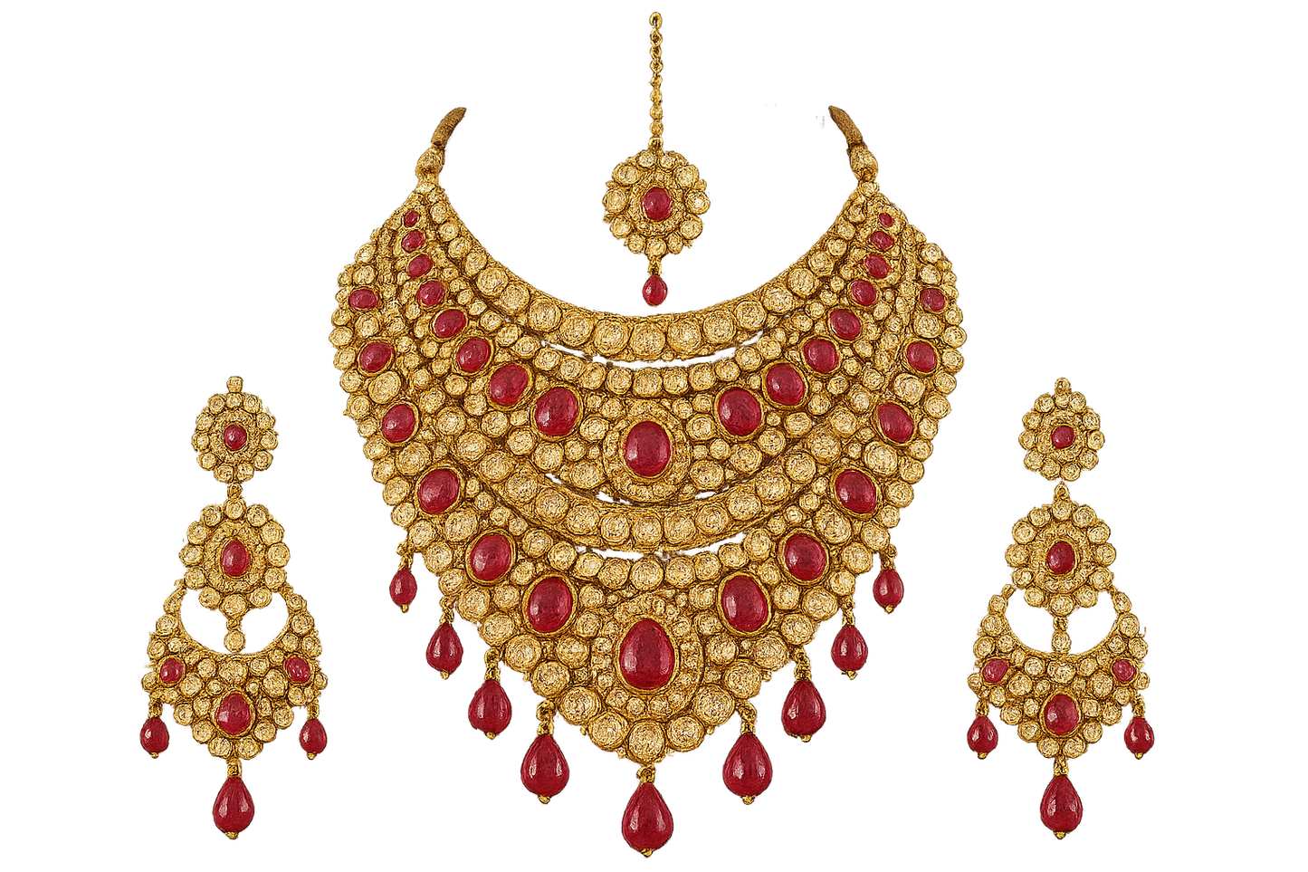 Royal bridal jewelry set with Kundan work including necklace, earrings and maang tikka. with ruby give the image png format no background 