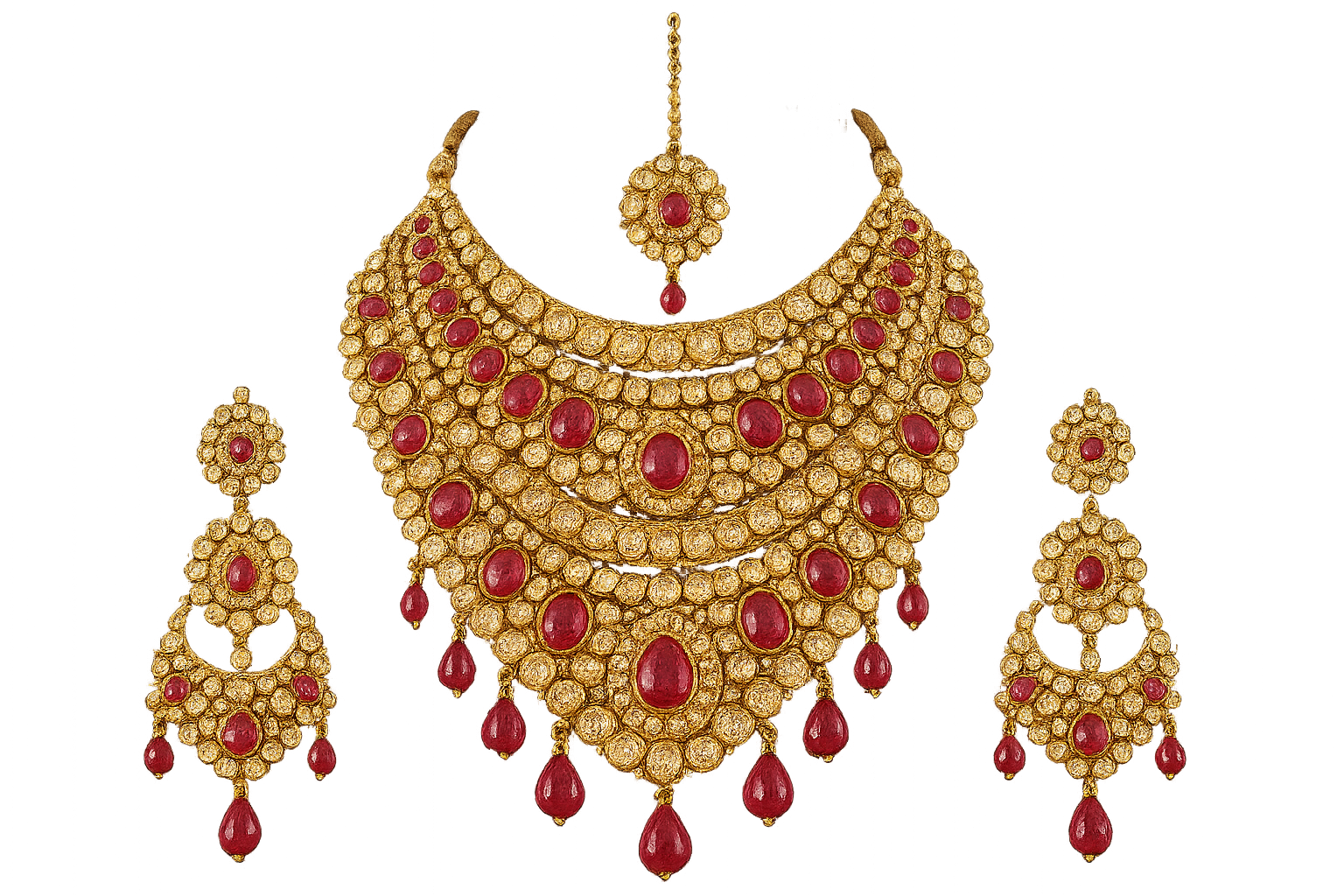 Royal bridal jewelry set with Kundan work including necklace, earrings and maang tikka. with ruby give the image png format no background 