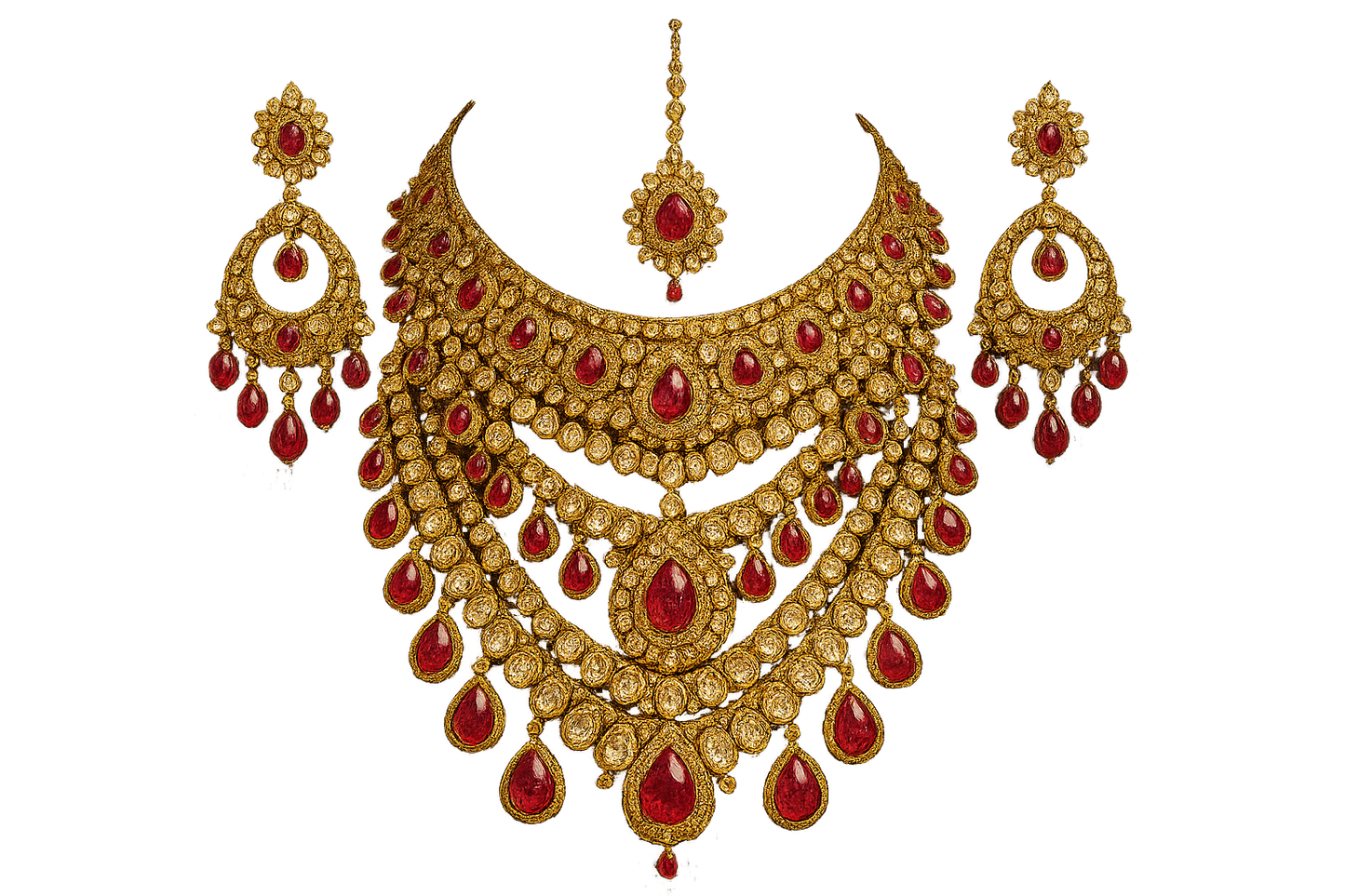 Royal bridal jewelry set with Kundan work including necklace, earrings and maang tikka. with ruby give the image png format no background