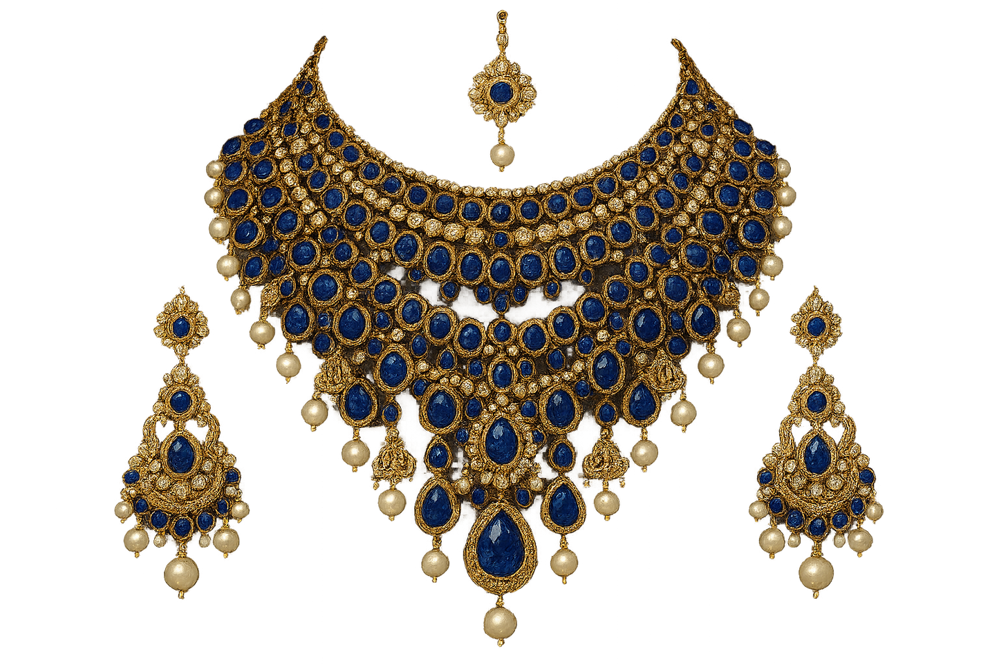 Royal bridal jewelry set with Kundan work including necklace, earrings and maang tikka. with sapphire give the image in png format no background 