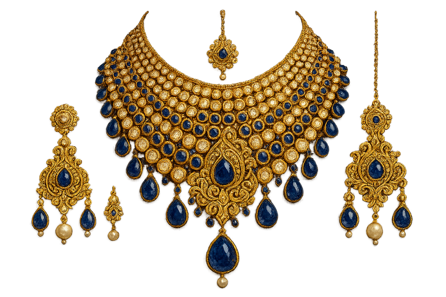 Royal bridal jewelry set with Kundan work including necklace, earrings and maang tikka. with sapphire give the image in png format no background