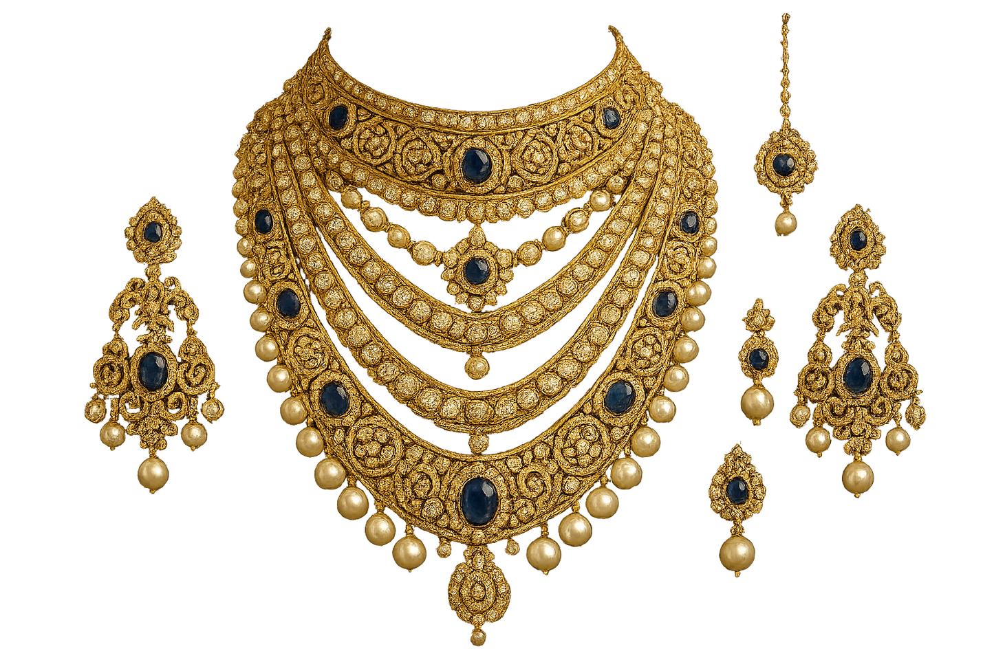 Royal bridal jewelry set with Kundan work including necklace, earrings and maang tikka. with sapphire give the image in png format no background 