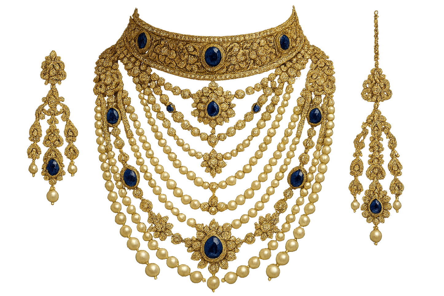 Royal bridal jewelry set with Kundan work including necklace, earrings and maang tikka. with sapphire give the image in png format no background  