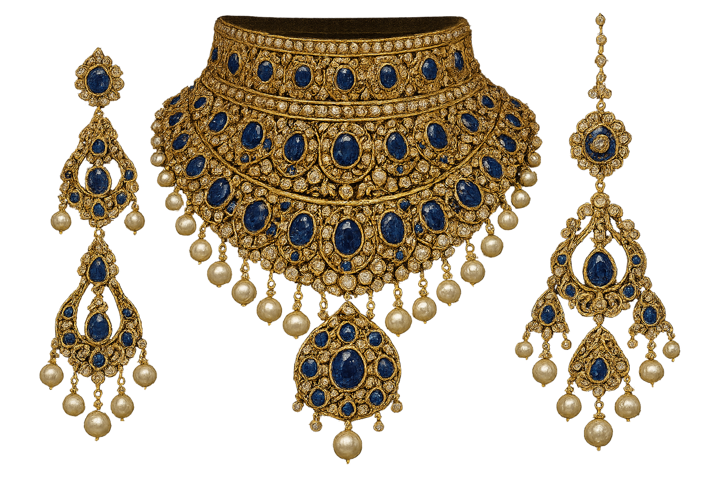 Royal bridal jewelry set with Kundan work including necklace, earrings and maang tikka. with sapphire give the image in png format no background 