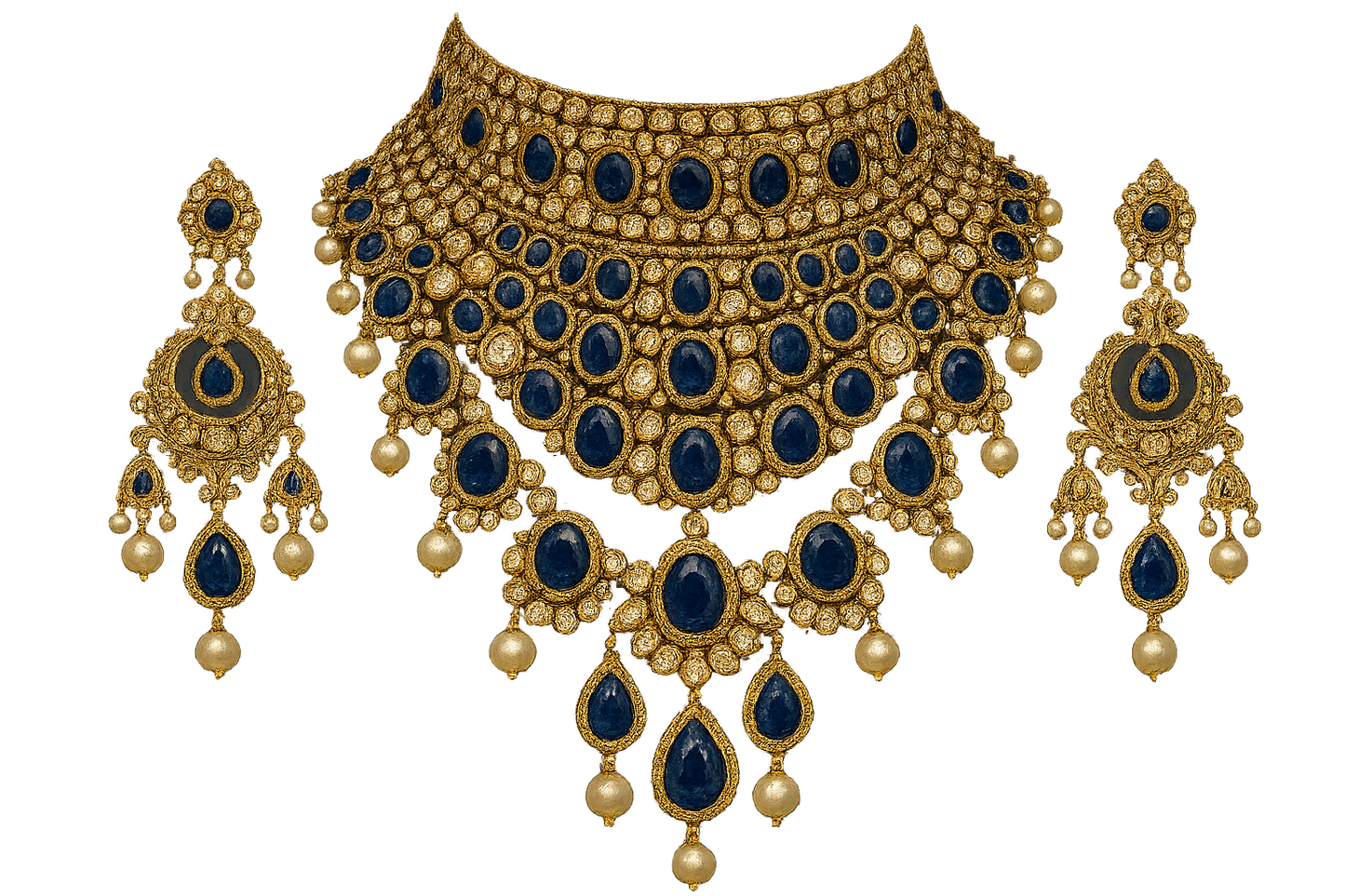 Royal bridal jewelry set with Kundan work including necklace, earrings and maang tikka. with sapphire give the image png format no background 