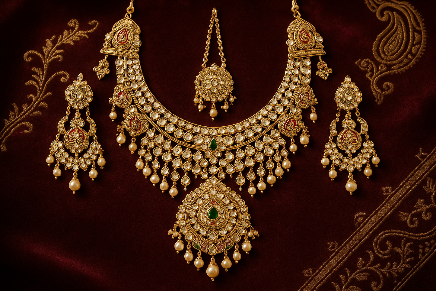 Royal bridal jewelry set with Kundan work including necklace, earrings and maang tikka.