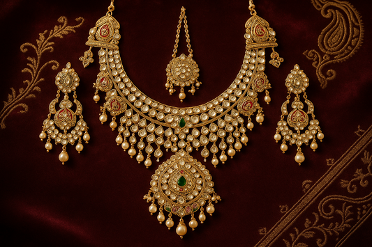 Royal bridal jewelry set with Kundan work including necklace, earrings and maang tikka.