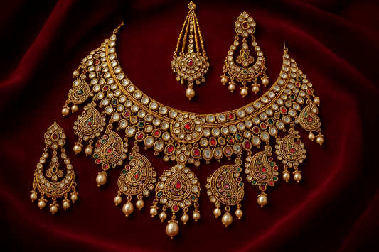 Royal bridal jewelry set with Kundan work including necklace, earrings and maang tikka.