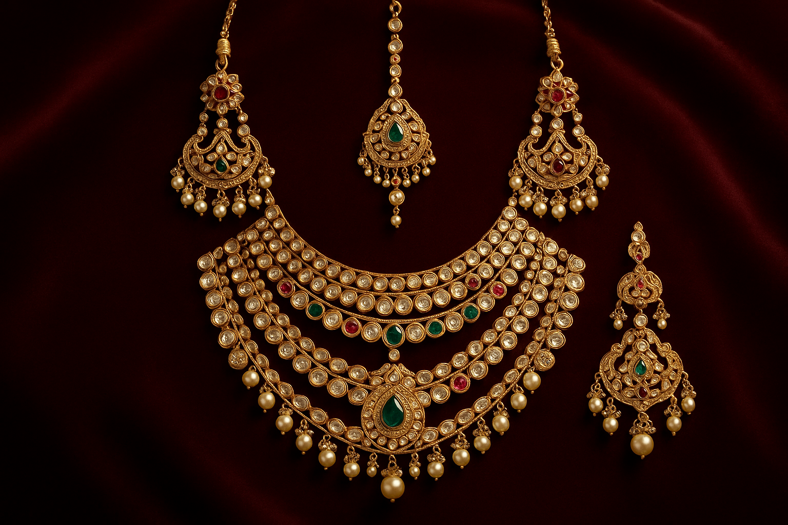 Royal bridal jewelry set with Kundan work including necklace, earrings and maang tikka.
