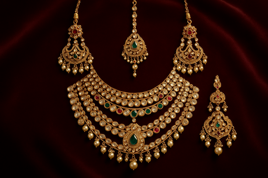 Royal bridal jewelry set with Kundan work including necklace, earrings and maang tikka.