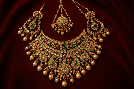 Royal bridal jewelry set with Kundan work including necklace, earrings and maang tikka.