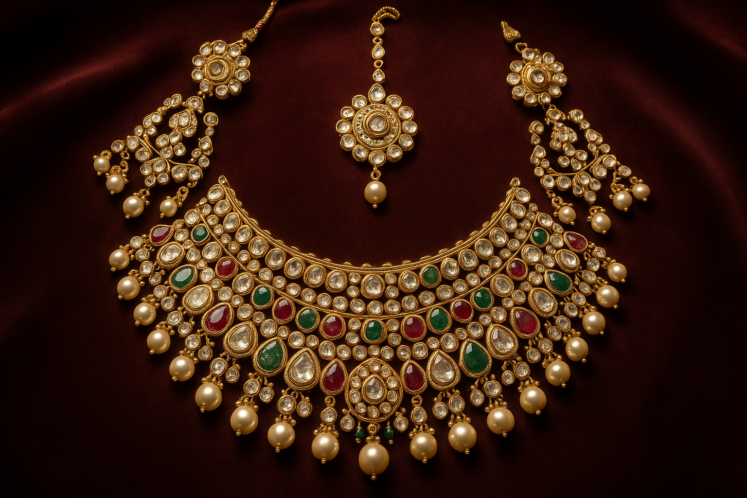 Royal bridal jewelry set with Kundan work including necklace, earrings and maang tikka.