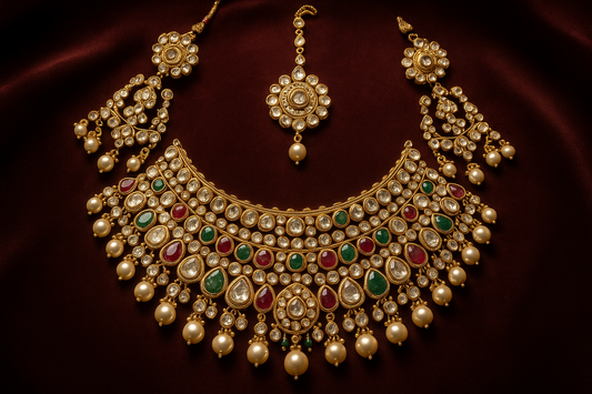 Royal bridal jewelry set with Kundan work including necklace, earrings and maang tikka.
