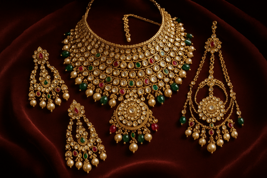 Royal bridal jewelry set with Kundan work including necklace, earrings and maang tikka.