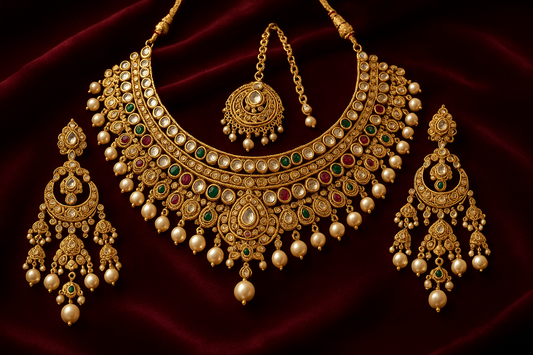 Royal bridal jewelry set with Kundan work including necklace, earrings and maang tikka.