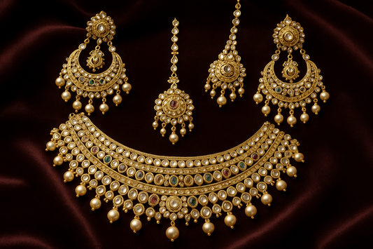 Royal bridal jewelry set with Kundan work including necklace, earrings and maang tikka.