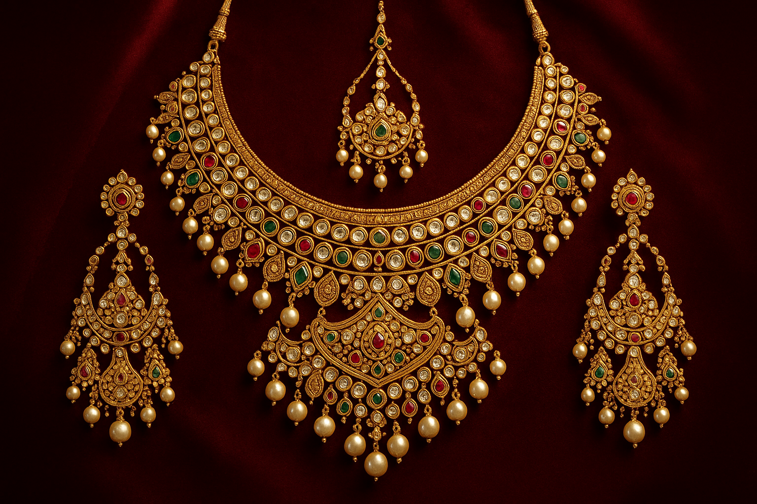 Royal bridal jewelry set with Kundan work including necklace, earrings and maang tikka.