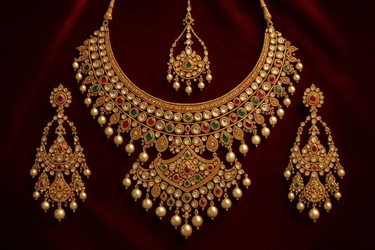 Royal bridal jewelry set with Kundan work including necklace, earrings and maang tikka.