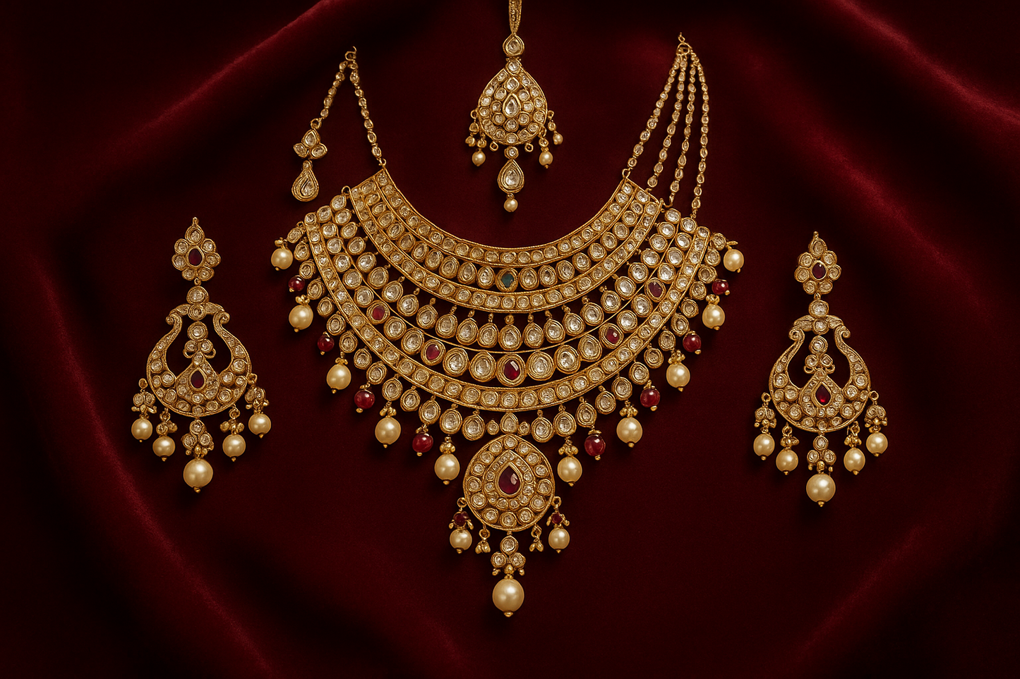 Royal bridal jewelry set with Kundan work including necklace, earrings and maang tikka.