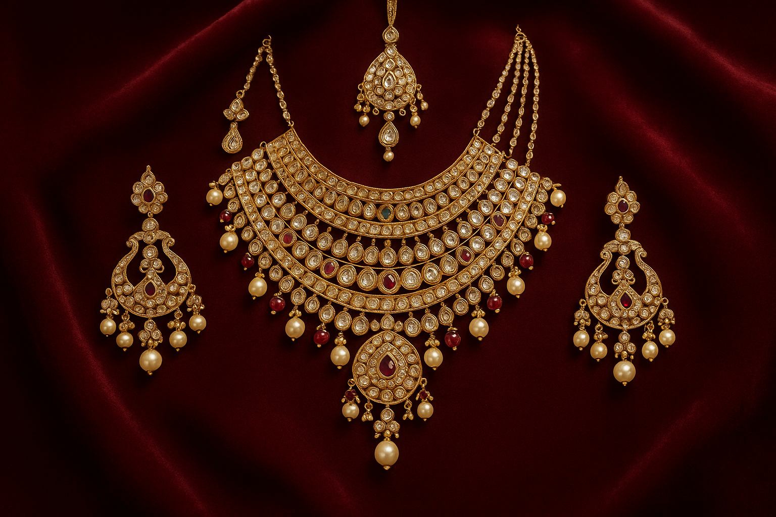Royal bridal jewelry set with Kundan work including necklace, earrings and maang tikka.