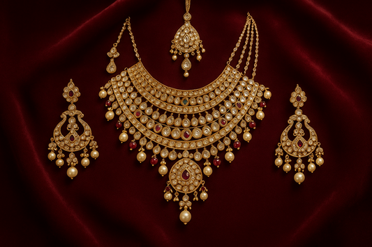 Royal bridal jewelry set with Kundan work including necklace, earrings and maang tikka.