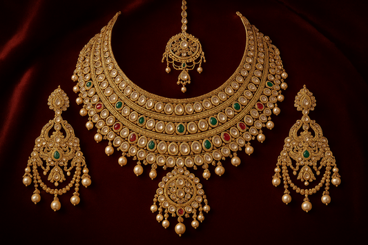 Royal bridal jewelry set with Kundan work including necklace, earrings and maang tikka.