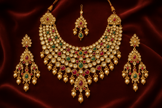 Royal bridal jewelry set with Kundan work including necklace, earrings and maang tikka.