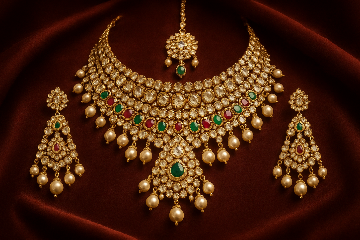 Royal bridal jewelry set with Kundan work including necklace, earrings and maang tikka.