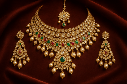 Royal bridal jewelry set with Kundan work including necklace, earrings and maang tikka.
