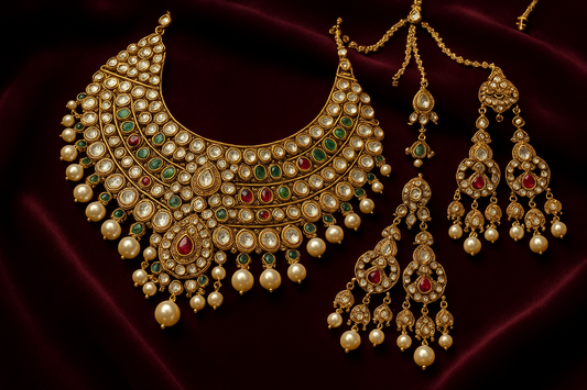 Royal bridal jewelry set with Kundan work including necklace, earrings and maang tikka.